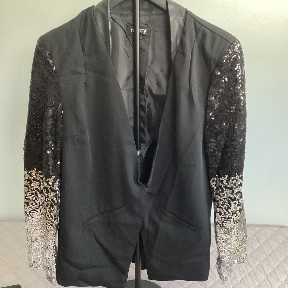 HANCY Women's Black Tuxedo Style Jacket Blazer Ombre Silver Sequinned Sleeve XL